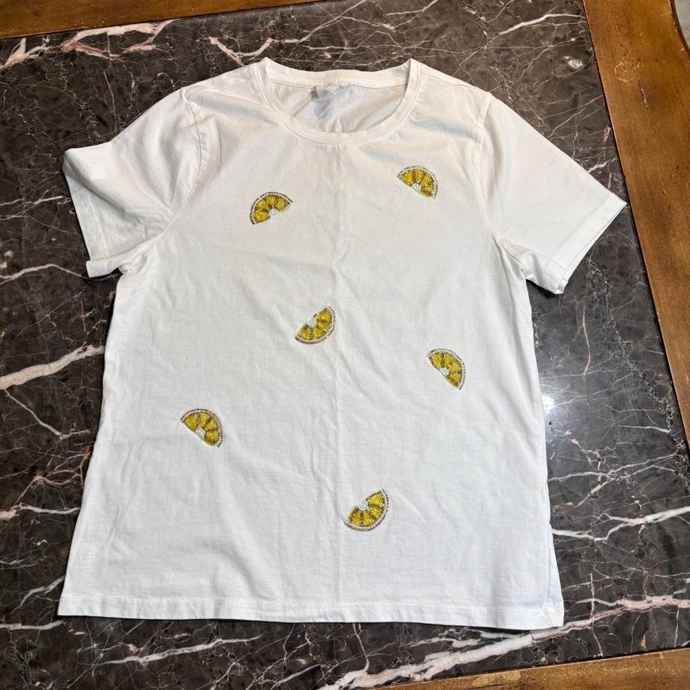 Cynthia Rowley Women's L White Beaded Lemon Slice T‑Shirt Short Sleeve Summer